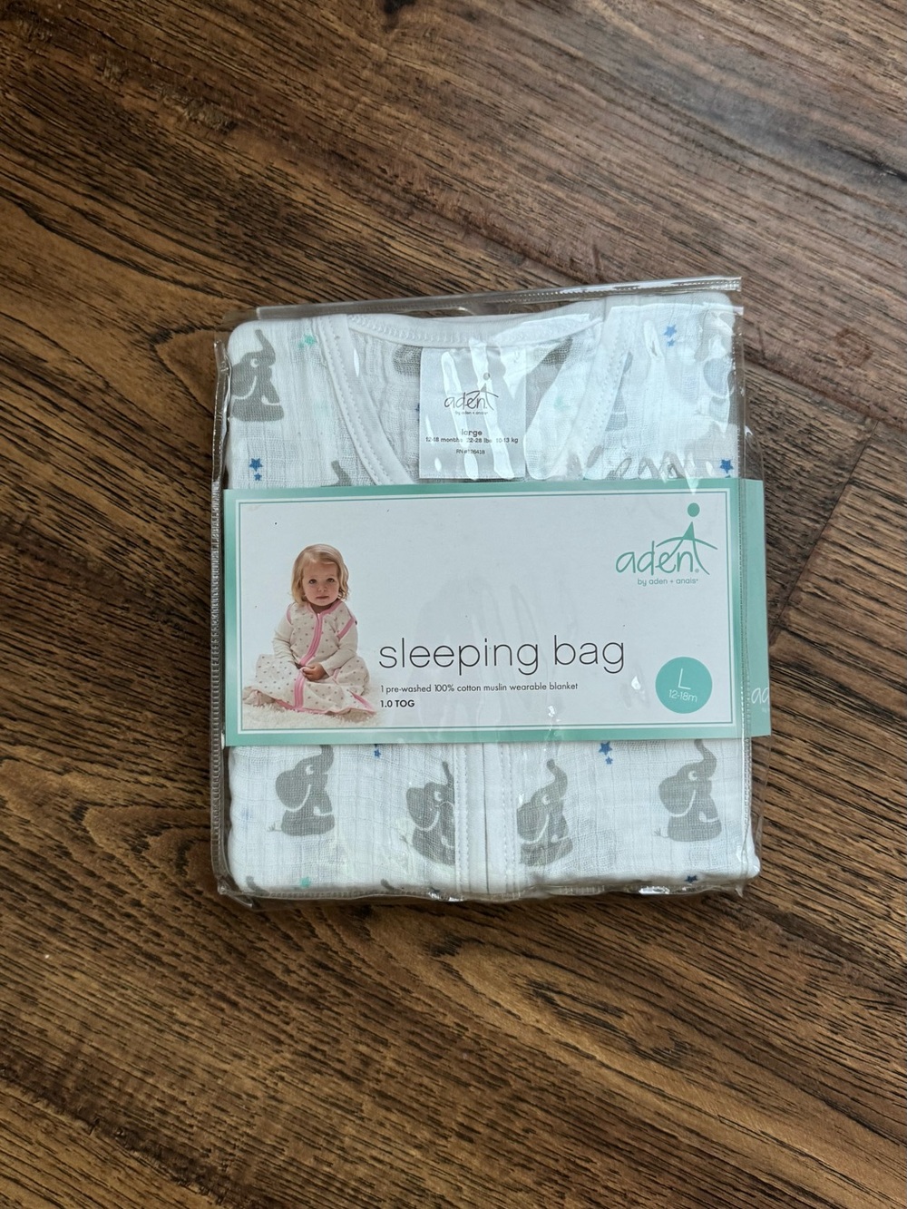 aden + anais White Muslin Sleeping Bag with Gray Elephant Print